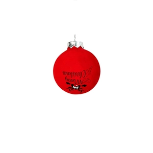 Detail of red frosted Christmas ball with reindeer illustration and silver metal hook