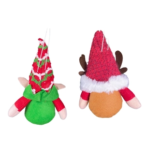 Detailed view of handmade Christmas plush gnomes with reindeer antlers and elf hats