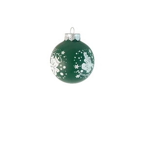 Detail of matte green Christmas bauble with white festive patterns and silver ring
