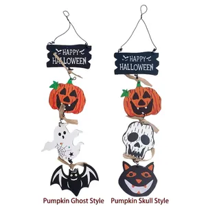 Happy Halloween Wooden Pumpkin Ghost Bat Skeleton Hanging Pendant Ornament For Front Door Party Scene Decor Prop