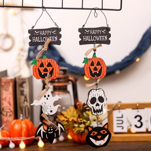 Halloween wooden hanging ornaments with pumpkin, ghost, and bat in rustic farmhouse style