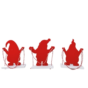 Set di tre figurine natalizie in legno rosso su basi bianche con decorazioni in corda