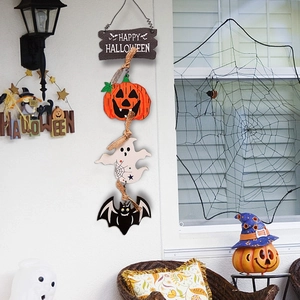Halloween hanging sign with Happy Halloween text pumpkin ghost and bat for door decor