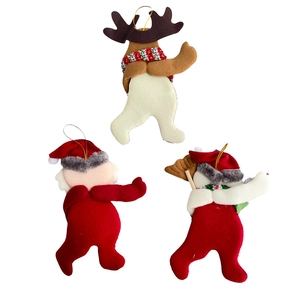 Back view of colorful sequin reindeer and Christmas elf hanging ornaments for festive trees