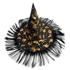 Halloween Gold Stamping Witch Hat With Feather Fringe Satin Wizard Hat For Women Costume Party Cosplay Decoration