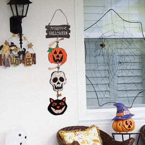 Halloween Happy Halloween wooden hanging sign featuring pumpkin skull and black cat decor