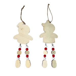 Handcrafted wooden Christmas gingerbread man ornaments with colorful dangling beads