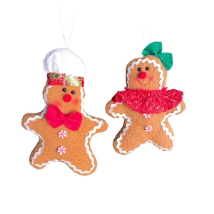Set of two decorative gingerbread man Christmas ornaments with chef hat and bow ties