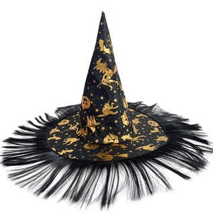 Halloween witch hat with gold pumpkin and bat patterns featuring black fringe trim decor
