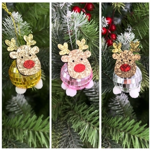 Sparkling Disco Ball Reindeer Christmas Tree Ornaments in Gold Pink and Silver Colors