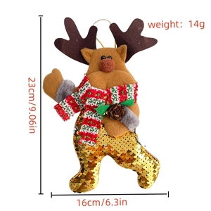 Detailed view of plush Christmas reindeer ornament with sequins and size dimensions