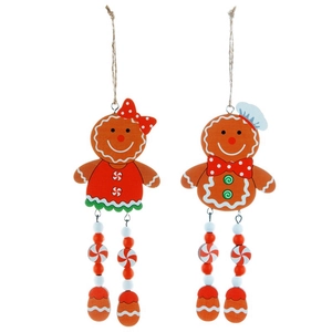 Set of two wooden gingerbread man Christmas ornaments with beaded legs and hats
