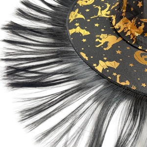 Halloween wizard witch hat with gold foil pumpkin print and feathered brim details