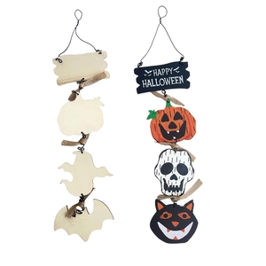 Close-up of Halloween wooden ornaments with pumpkins, ghosts and Happy Halloween signs