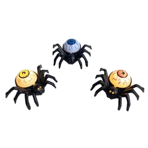 Three Halloween LED spider lights with colorful bloodshot eyeballs on white background