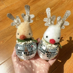 Handmade Christmas reindeer disco ball ornaments with felt deer head and silver mirror tiles