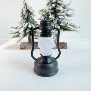 Close-up of Halloween skull lantern keychain with black frame and LED light decoration