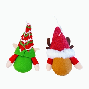 Set of two Christmas gnome ornaments with reindeer antlers and striped hats