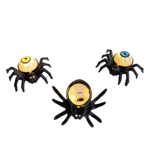 Detailed view of Halloween spider LED lights showing light-up eyeballs and battery switch