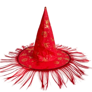 Red silk witch hat with gold pumpkin patterns and feather trim for Halloween cosplay