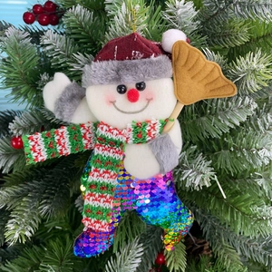 Sparkling snowman ornament with colorful sequins and knit scarf on a lush Christmas tree