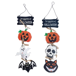 Halloween hanging ornaments with pumpkin, ghost and bat on Happy Halloween wood signs