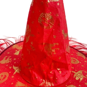 Detail of red wizard hat featuring gold foil pumpkin prints and red feather trim decor
