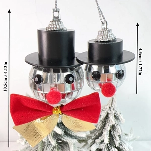 Disco ball snowman ornaments with mirror mosaic finish and festive red bows decoration