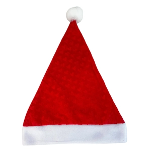 Classic red plush Christmas hat with heart embossed pattern and white faux fur trim