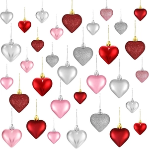 36Pcs Heart Shaped Hanging Ornaments Set For Valentine's Day Wedding Christmas Decoration Plastic Red Pink Silver Baubles