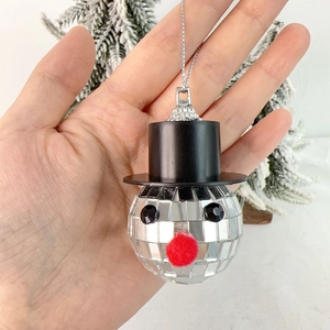 Mirror disco ball snowman ornament with black hat for Christmas tree decoration