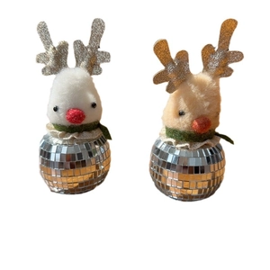 Mirror disco ball reindeer ornaments with white and beige plush details for Christmas