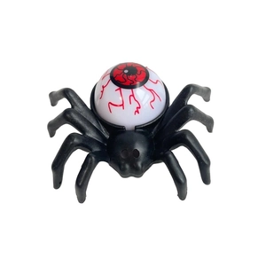 Macro shot of a spooky Halloween spider toy featuring a large bloodshot eyeball on its back