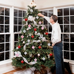 Detail showing hand hanging red heart ornament on decorated Christmas tree branch