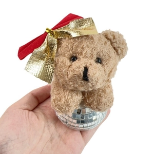 Disco ball teddy bear ornament with red gold bow and mirror tiles for Christmas decor