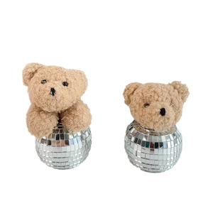 Christmas Disco Ball Bear Figurines with brown plush head and silver mirrored glass surface