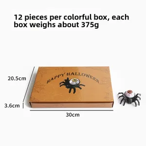 Detailed view of Halloween spider eyeball toys with packaging box and dimensions