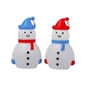 Macro detail of snowman LED lantern keychains with colorful festive hats and scarves