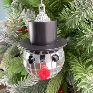 Creative disco ball snowman ornament with black top hat for Christmas tree decor