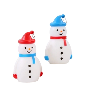 Detail view of red and blue snowman LED night lights with metal keyrings for hanging