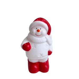 Détail d'une lampe bonhomme de neige de Noël avec étoiles en relief et gants rouges