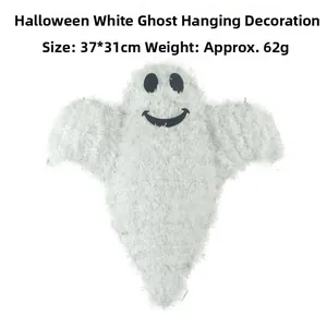 Hanging Halloween ghost decoration with white tassel texture and black face, 37x31cm size