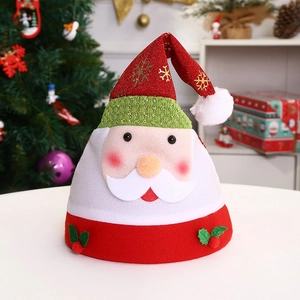 Detailed view of Santa Christmas hat with golden snowflake patterns and plush beard decor