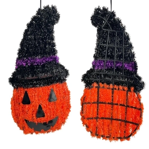 Detailed view of Halloween pumpkin hanging decor with orange tinsel and wizard hat