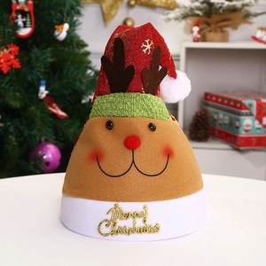 Detail of reindeer Christmas hat with brown felt, red glitter, and golden Merry Christmas text