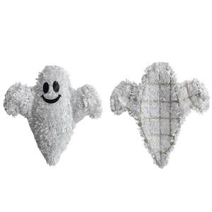 Front and back view of a white wire Halloween ghost hanging decoration with black face