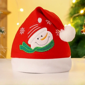 Close-up of plush red Christmas hat featuring intricate snowman embroidery and white pom-pom