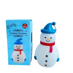 LED Christmas snowman night light with blue hat and metal hook in holiday gift box