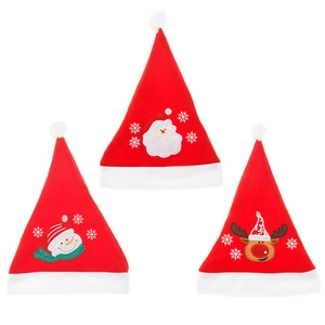 Three plush Christmas hats featuring Santa Claus, a snowman, and a reindeer embroidery