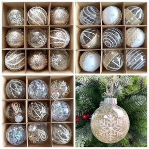 Detail of 8cm gold Christmas ball ornaments set with glitter, lace and hemp rope accents